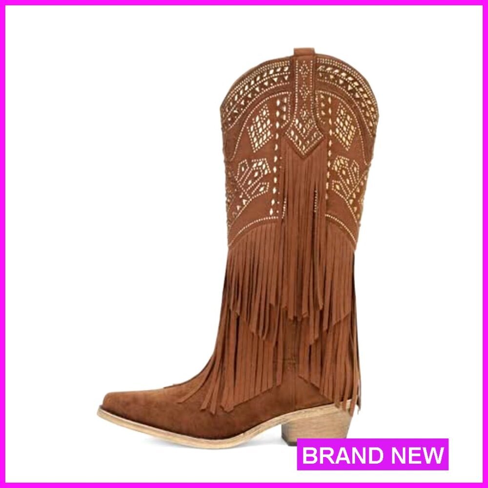 Knee High Cowgirl Western Boots Rhinestone Fringe Chunky Heel Pointed Toe - Picture 4 of 7